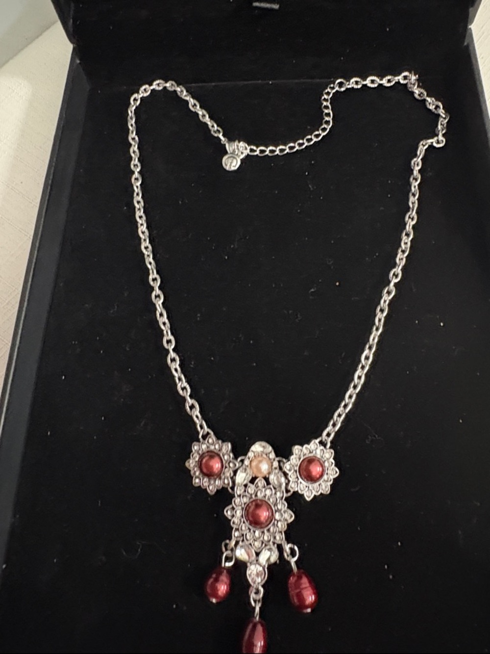 1946 Silver toned Necklace with burgundy bead and crystal embellishments